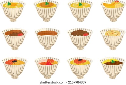 Watercolor illustration set of Japanese rice bowl