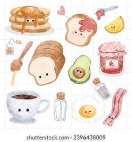 Watercolor Illustration set of Kawaii Breakfast Character