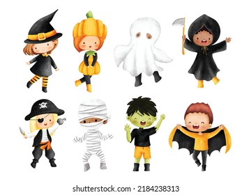 Aquarellfarben-Illustrationsset für Kinder in Halloween-Kostüm