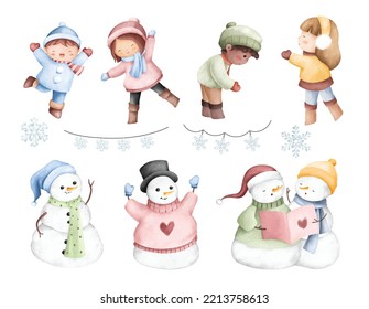 Watercolor Illustration set of Kids and snowman