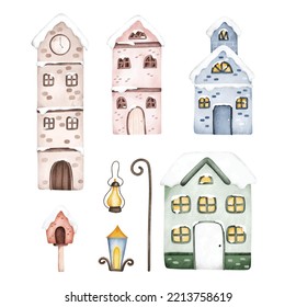 Watercolor Illustration set of little house in winter season