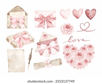 Watercolor Illustration Set of Love Letters and Valentine Elements