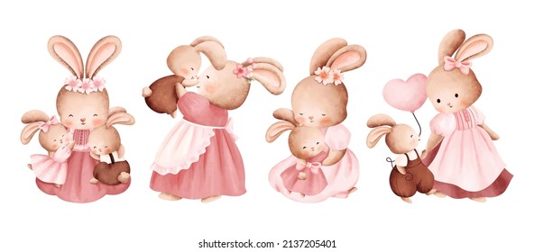 Watercolor illustration set of Mom and baby rabbit 