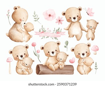 Watercolor Illustration Set of Mother and Baby Bear with Nature Elements