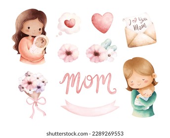 Watercolor illustration set of Mothers day clipart. Mom and baby, love letter, flowers, wreath. Great for card, sticker, greeting, etc.