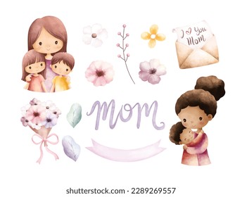 Watercolor illustration set of Mothers day clipart. Mom and baby, love letter, flowers, wreath. Great for card, sticker, greeting, etc.