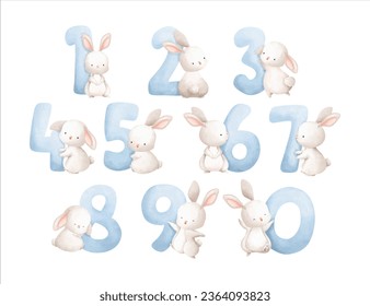 Watercolor Illustration set of numbers with baby rabbit