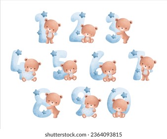 Watercolor Illustration set of numbers with cute baby bear