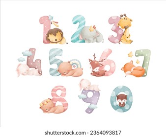 Watercolor Illustration set of numbers with cute baby animals