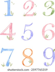 Watercolor illustration set of numbers. Isolated on white background. Hand drawn illustration Perfect for card, album, banner, birthday invitation, printing, calendar.