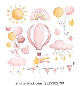 Watercolor Illustration set of nursery clipart for baby girl