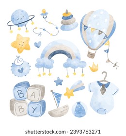 Watercolor Ilustración conjunto de Nursery Clipart para Baby Boy