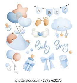 Watercolor Illustration set of Nursery Clipart for Baby Boy