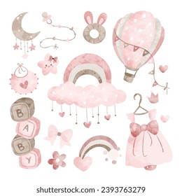 Watercolor Illustration set of Nursery Clipart for Baby Girl