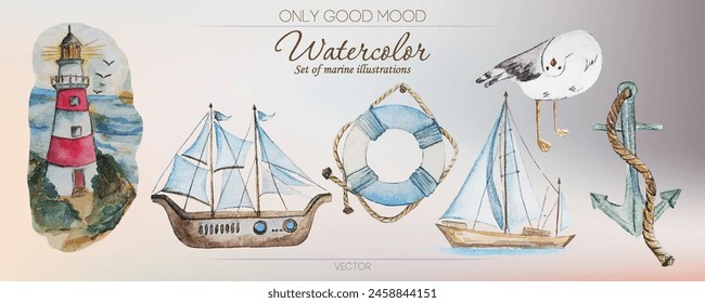 Watercolor illustration set on a marine theme. Lighthouse with birds, sailboat, sailing ship, funny seagull, lifebuoy. Blue and beige tones. Colorful illustration.
