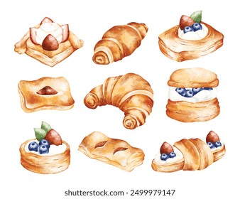 
Watercolor Illustration Set of Pastry