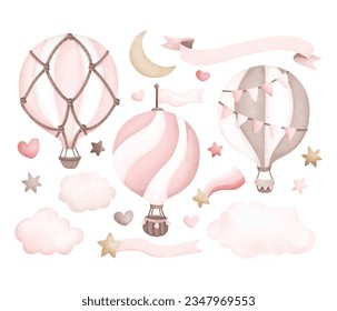 Watercolor illustration set of pink Hot air balloon and elements