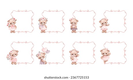 Watercolor Illustration set of pink ribbon frame and cute teddy bears