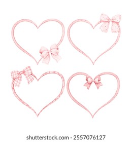 Watercolor Illustration Set of Pink Ribbon Heart Shape Frame