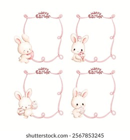 Watercolor Illustration Set of Pink Ribbon Frame with Happy Easter Sign with Easter Rabbit Holding Easter Egg