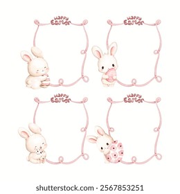 Watercolor Illustration Set of Pink Ribbon Frame with Happy Easter Sign with Easter Rabbit Holding Easter Egg