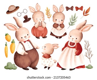 Watercolor illustration set of Rabbit Family 