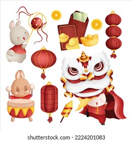 Watercolor Illustration. Set of Rabbit year. Chinese New Year ornaments