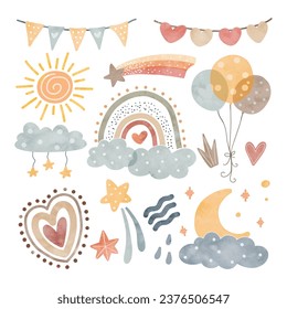 Watercolor Illustration set of rainbow, cloud, star, balloons, and cute elements