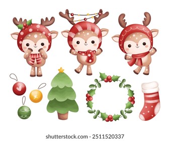 Watercolor Illustration Set of Reindeer and Christmas Decorations