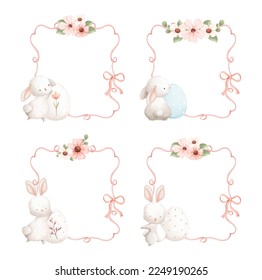 Watercolor Illustration set of Ribbon frame with Easter rabbit