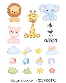 Watercolor illustration set of safari Animal Plush toys