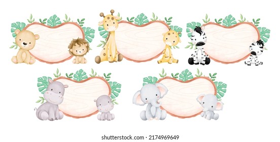 Watercolor Illustration set of safari animals and wooden board