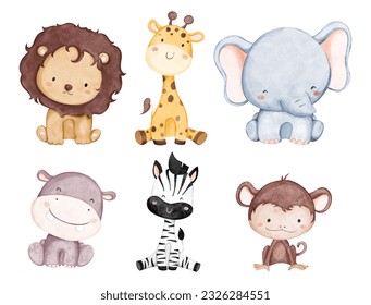 Watercolor Illustration set of safari animals