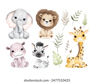 Watercolor Illustration Set of Safari Animals and Tropical Leaves