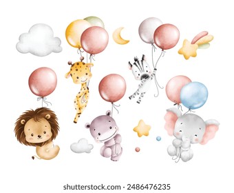 Watercolor Illustration Set of Safari Animals and Balloons