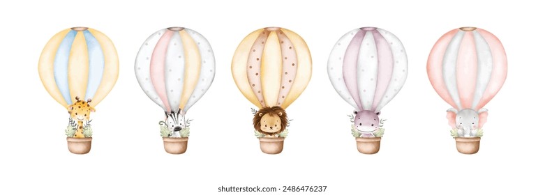 Watercolor Illustration Set of Safari Animals in Hot Air Balloons