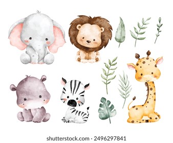 Conjunto de ilustración de acuarela de animales de safari y hojas tropicales