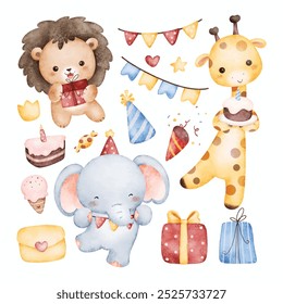 Conjunto de ilustración de acuarela de animales de safari y tema de fiesta de cumpleaños