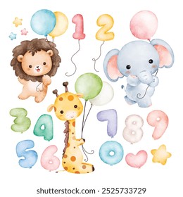 Watercolor Illustration Set of Safari Animals and Birthday Balloon Party Theme