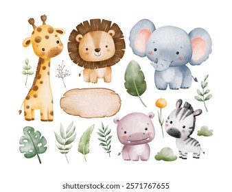 Watercolor Illustration Set of Safari Animals and Nature Elements