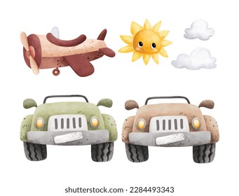 Watercolor illustration set of safari jeep and plane with sun and clouds