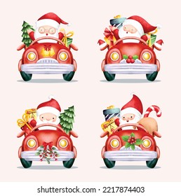 Watercolor Illustration set of Santa Claus riding red car