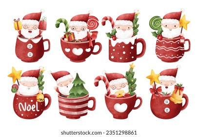 Watercolor Illustration set of Santa Claus in cup with Christmas ornaments