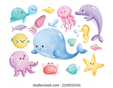 Watercolor Illustration Set of Sea Animals 