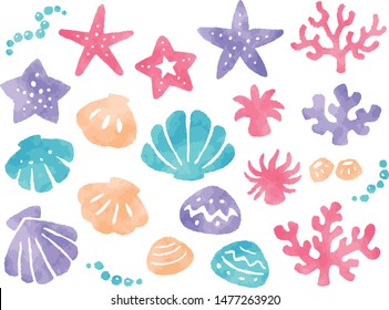 Watercolor illustration set of sea motifs (starfish, shellfish, coral)