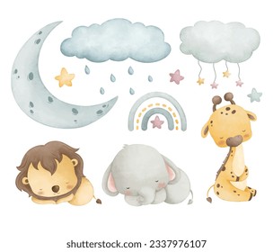 Watercolor illustration set of sleep baby safari animals with moon stars cloud and rainbow