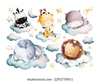 Watercolor illustration set of Sleepy baby animals with cloud and stars