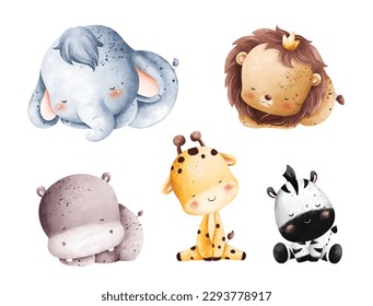 Watercolor illustration set of Sleepy baby animals