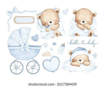 Watercolor Illustration Set of Sleepy Baby Teddy Bear and Nursery Elements
