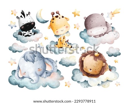 Watercolor illustration set of Sleepy baby animals with cloud and stars